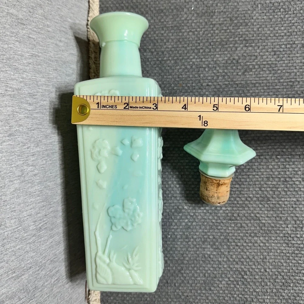 Vintage Slag Glass Decanter Mint Green Blue Marbled Floral Bottle with Stopper